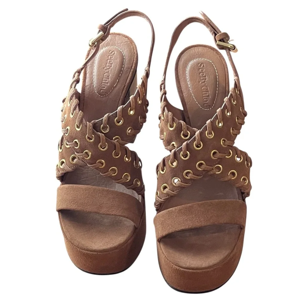 See By Chloé NWOB Tan Suede Platform Sandals 38 Lace-Up Grommet Boho Designer